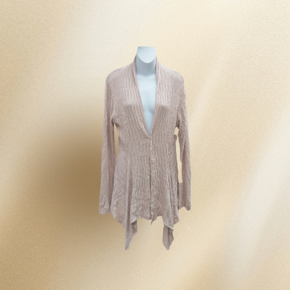 Willi Smith Cardigan Sweater Open Front Open Weave Tan Size L